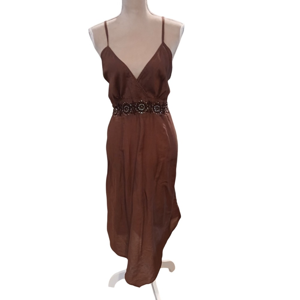 Vtg Sequin Embroidered Midi Dress Chocolate Brown Asymmetrical Smocked Coachella
